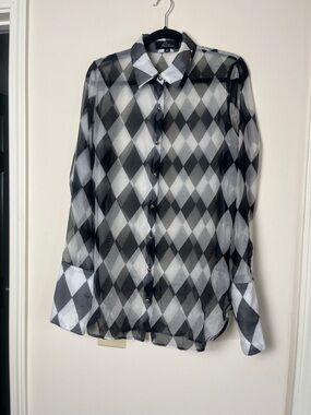 Sheer Black & White Argyle Button-Up Shirt by Patra